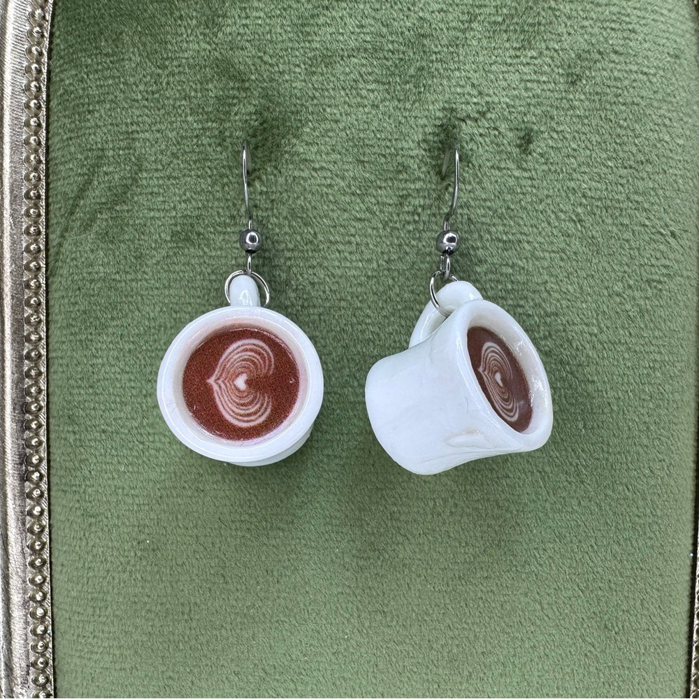 Coffee Espresso Mug Earrings with Heart Froth Detail | Valentine Gift
